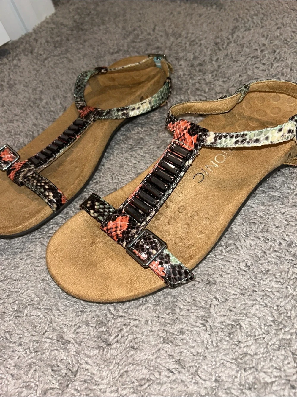 Vionic Multicolor Snake-Print T-Strap Sandals with Coral and Teal Accents - Picture 4 of 6